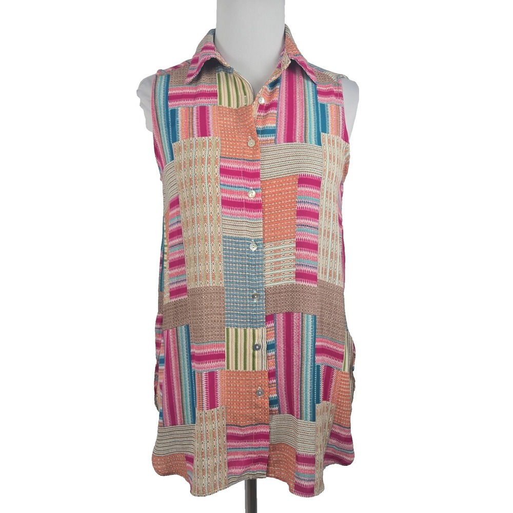 Rose + Olive Sleeveless Chiffon Button-up Collared Women's Top Small S Patchwork